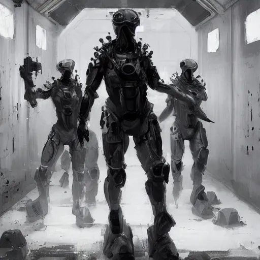Prompt: concept art by greg rutkowski, soldiers in white and black futuristic tactical gear, through the corridors of the ship, claustrophobic and futuristic, brutalistic environment, scifi, detailed and intricate environment, high technology, highly detailed portrait, digital painting, artstation, concept art, smooth, sharp foccus ilustration, artstation hq.