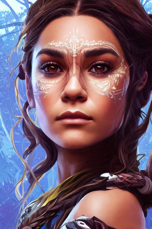 Image similar to symmetry!! portrait of vanessa hudgens in the style of horizon zero dawn, machine face, intricate, elegant, highly detailed, digital painting, artstation, concept art, smooth, sharp focus, illustration, art by artgerm and greg rutkowski and alphonse mucha, 8 k