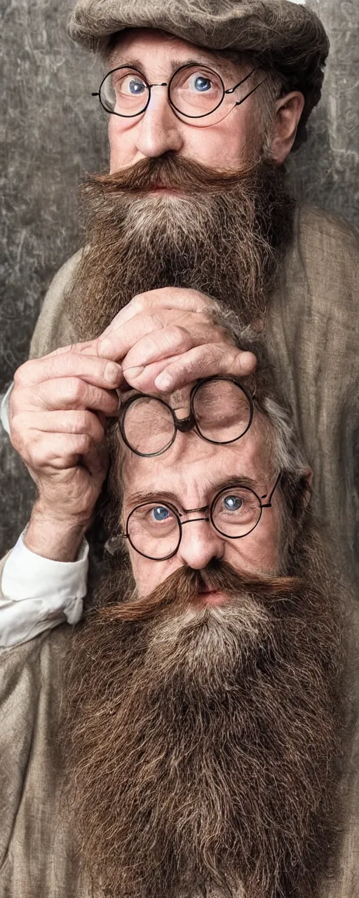 Image similar to aged harry potter with long beards and beautiful mustache, beard balm in his hand