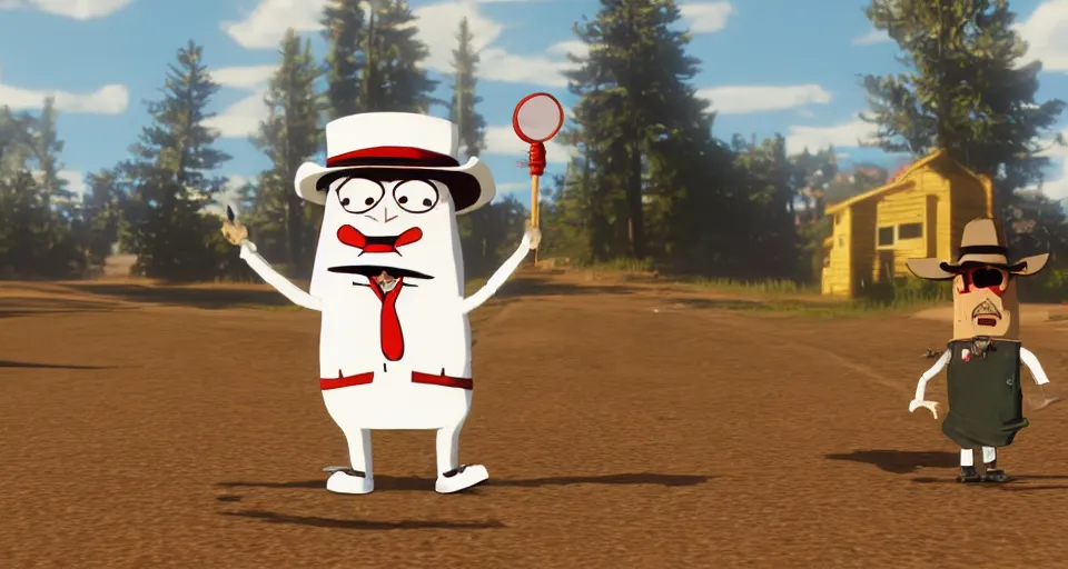 Image similar to Screenshot of Master Shake from Aqua Teen Hunger Force as a 3d cowboy in full cowboy attire in the videogame 'Red Dead Redemption 2'. Sharpened. 1080p. High-res. Ultra graphical settings.