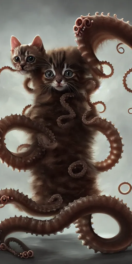 Image similar to an adorable kitten slowly transforming into a tentacle monster, matte oil painting, concept art, dnd, clear, crisp, sharp, fur, eldritch, award - winning, extremely detailed, 4 k, 8 k