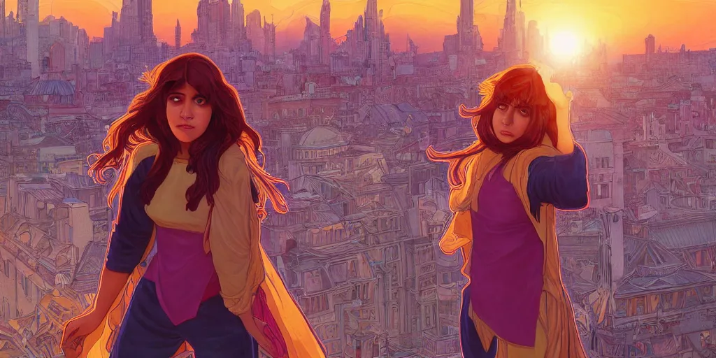 Prompt: A digital painting of Kamala Khan alone on a rooftop during Golden Hour. masterpiece 4k digital illustration, award winning, Artstation, art nouveau aesthetic, Alphonse Mucha background, intricate details, realistic, panoramic view, Hyperdetailed, 8k resolution, intricate art nouveau