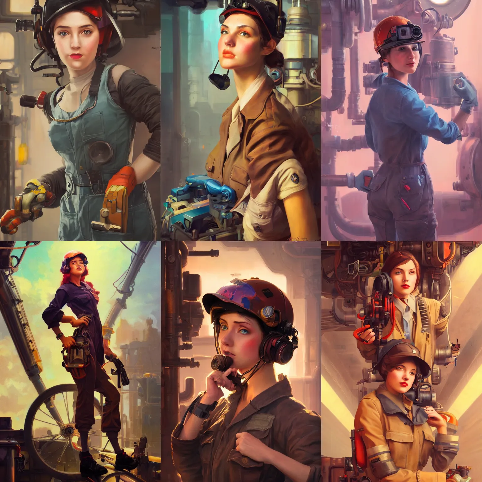 Image similar to a portrait of a cute female mechanic, dieselpunk setting, vivid colors, soft lighting, atmospheric, cinematic, moody, in the style of artgerm and greg rutkowski, oil on canvas, 8 k