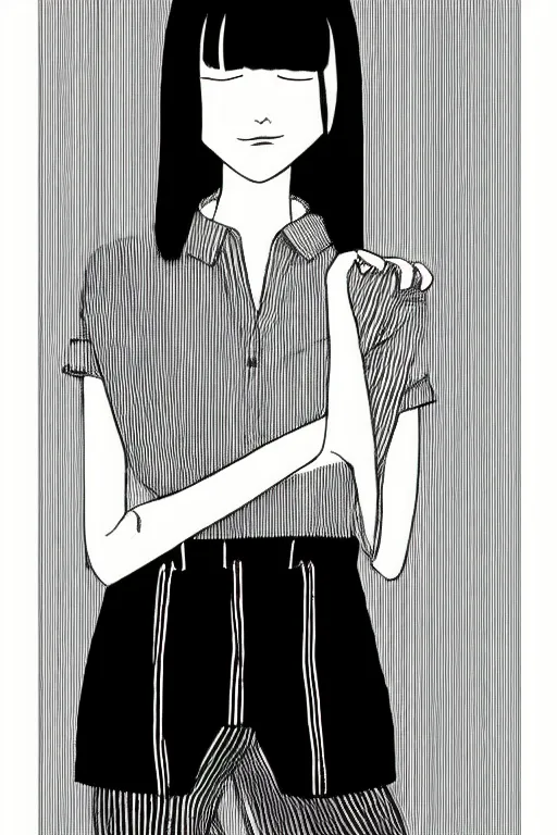 Image similar to portrait of a girl in long pants and a top, hands in pockets, eyes closed, bob haircut, digital art, black and white, minimalistic illustration by junji ito and kaoru mori