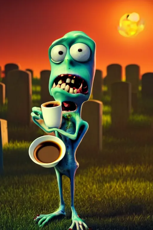 Image similar to a funny zombie character with big eyes holding a cup of coffee on a cemetery at night. pixar disney 4 k 3 d render movie oscar winning trending on artstation and behance. ratatouille style.