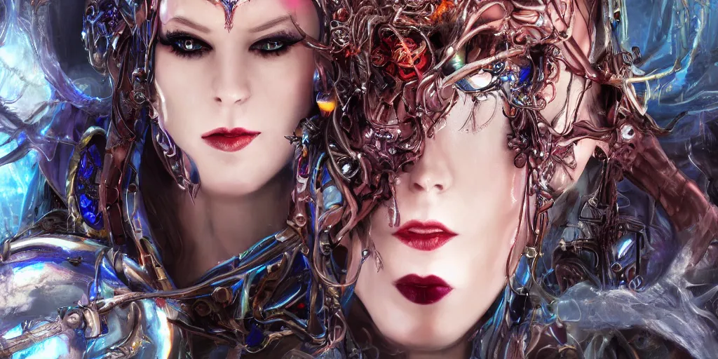 Image similar to minatory precipice cyber sisters of Moria, cyber embellishment, beautiful woman face, 8k resolution