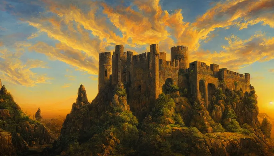 Prompt: Gorgeous monumental castle on a cliff\'s edge, fractal structure with spires and towers, sunset with ribbon clouds, detailed oil painting, hyperrealistic