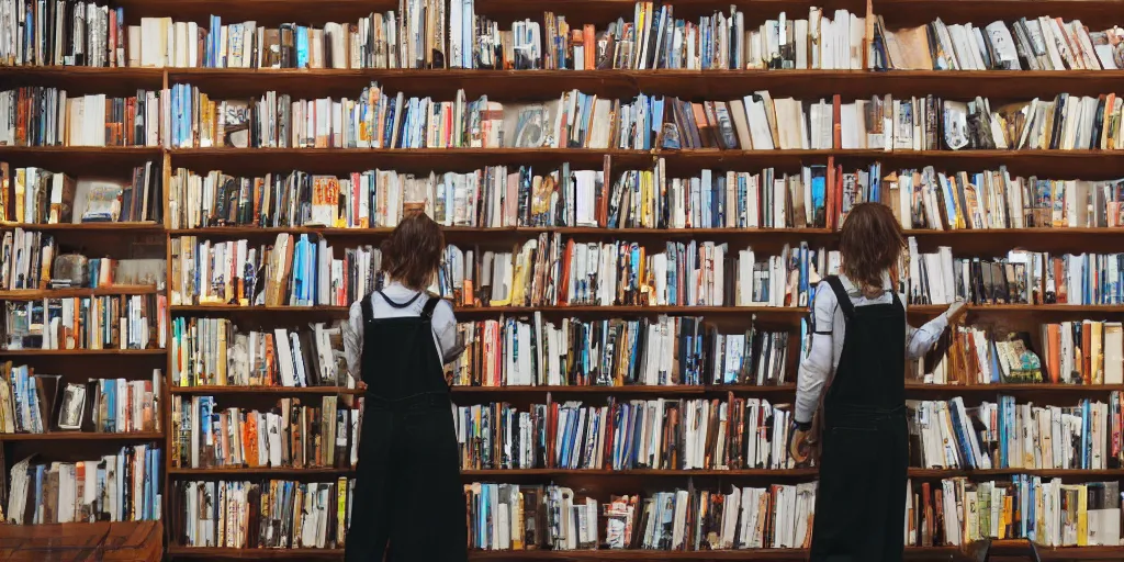 Prompt: A female bookseller in black overalls shelves books in her bookshop, in the style of Ansel Adams, 4k