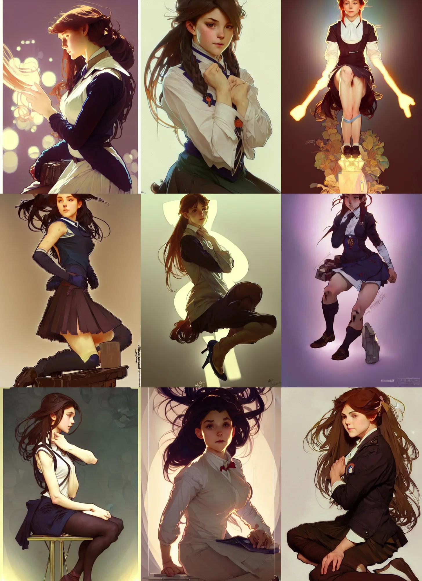 Prompt: a digital concept art by artgerm and greg rutkowski and alphonse mucha. clear portrait of a squatting attractive school girl in uniform!! sit on heels!! light effect. hyper detailed, character concept, glowing lights!! intricate, elegant, digital painting, artstation, smooth, sharp focus