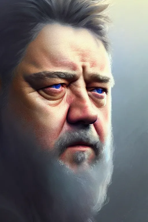 Image similar to ultra detailed close up facial portrait of russell crowe, extremely detailed digital painting, in the style of fenghua zhong and ruan jia and jeremy lipking and peter mohrbacher, mystical colors, rim light, beautiful lighting, 8 k, stunning scene, raytracing, octane, trending on artstation