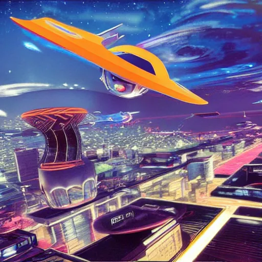 Prompt: flying car over the cyber city, retro future style