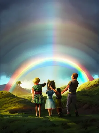 Image similar to dad. mom. kids. a happy familly looking at a distant rainbow. green valley horizon. a village. intricate, elegant, highly detailed, digital painting, artstation, concept art, sharp focus, illustration, by justin gerard and artgerm, 8 k