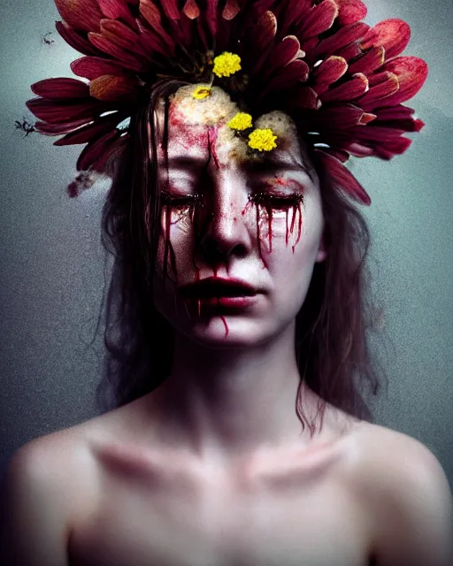 Prompt: a disturbing digital horror arthouse photograph of a beautiful crying woman with flowers and fungus growing out of her head and petals dripping from her eyes, intricate, sharp focus, cinematography, highly detailed, octane render, digital horror artwork, matte, photography by professional photographer