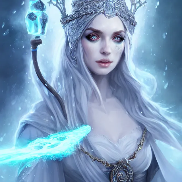 Image similar to beautiful elemental ice witch with ornate robes and staff, highly detailed, 4 k, hdr, smooth, sharp focus, high resolution, award - winning photo, artgerm, photorealistic