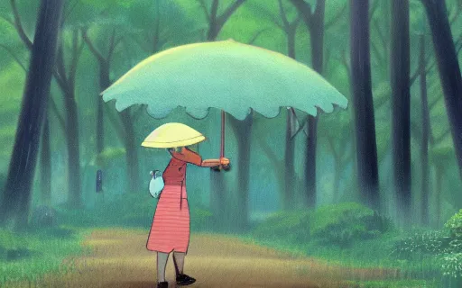 Image similar to a young girl with her large pet capybara walking through the forest, raining, holding umbrella, side view, art by hayao miyazaki, studio ghibli film, 4k, hi res, high detail