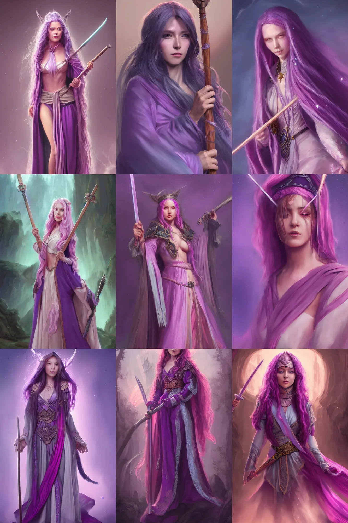 Prompt: Portrait of alluring wizard lady, purple and pink robes, long Blue hair, wooden staff, high fantasy, matte painting, dnd, Artstationhd, artstationhq