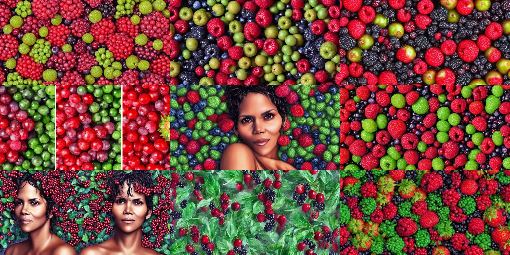 Prompt: ultra detailed duplicates halle berry made of exactly like berries on a tree duplicates rendered by octane digital painting inspired by arcimboldo