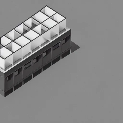Prompt: isometric view of an office, clean, minimalist, brutalist style, harsh light and shadows, octane render