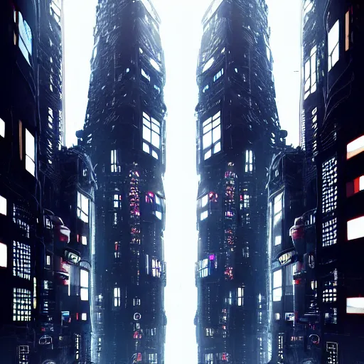 Image similar to Fully dark cyberpunk city with one building in the middle with only one window shining in style of Tsutomu Nihei. ArtStation, Cyberpunk, Vertical Symmetry, 8K, Highly Detailed, Intricate, Album Art.