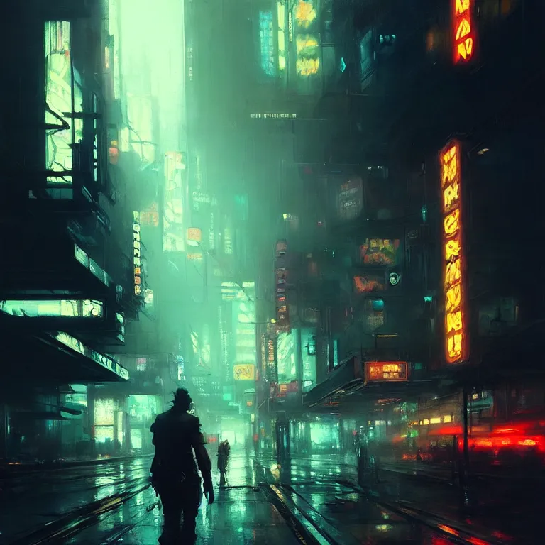 Image similar to beautiful painting by jeremy mann, cyberpunk street, neon signs, baroque portrait painting, perfect composition, detailed octane render trending on artstation, 8 k artistic photography, volumetric cinematic perfect light, chiaroscuro, masterpiece, raphael, caravaggio, beksinski, rutkowski