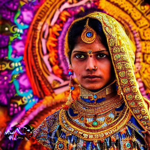 Image similar to photograph of an indian hindu woman in an intricate beautiful dress, ornate, psychedelic, hdr 4 k, award - winning photograph, national geographic