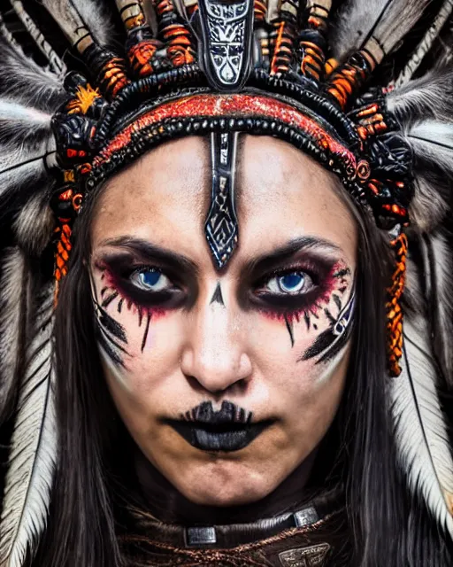 Prompt: photorealistic headshot of beautiful female ornate fantasy viking indian tribal aztec warrior, angry, black skull warpaint, Neil Blevins, James Paick, Natasha Tan Maciej Kuciara, Frank frazetta, arney freytag, Ritu Kumar, Sabyasachi Mukherjee, Magic the gathering, octane, bokeh, 8k, fashion pose, cinematic, 28mm