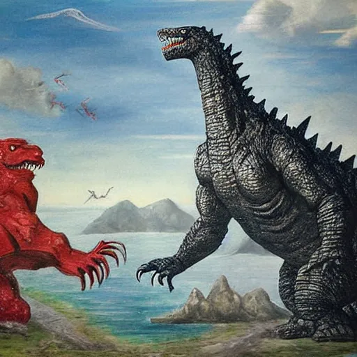 Prompt: Godzilla fighting Biden in medieval England, oil painting