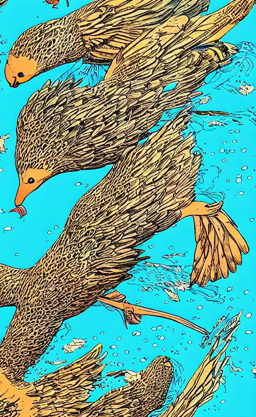 Image similar to bird swimming on its back, view from above, river, peaceful, by Geof Darrow and James Jean,