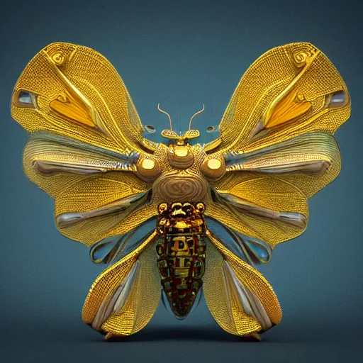 Prompt: A mandelbulb like gilded pendant insect, highly detailed and intricate, hyper realistic, yellow and blue, sci fi, artstation, octane render, 8k