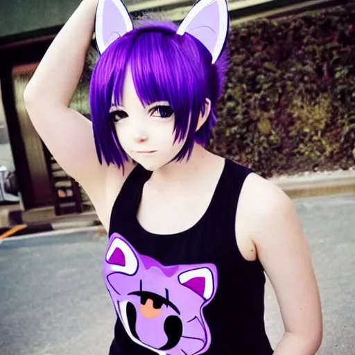 Image similar to anime girl with short purple hair and cat ears and a black tank top, aesthetic