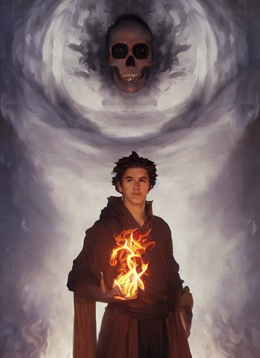 Image similar to character concept portrait of an attractive young focused Spanish wizard with pale red skin and a parital skull mask enchanting a flaming seduction spell, a floating burning spell book in the center, intricate, elegant, digital painting, concept art, smooth, sharp focus, illustration, from Metal Gear, by Ruan Jia and Mandy Jurgens and William-Adolphe Bouguereau, Artgerm