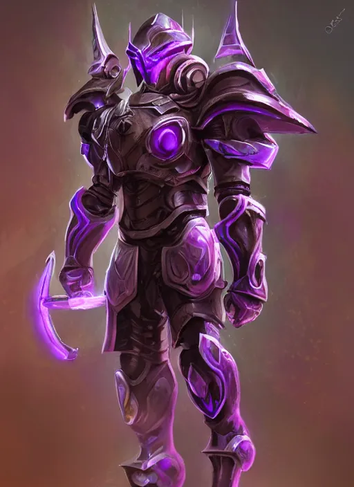 Image similar to a highly detailed illustration of fantasy cyber knight with machine gun arms, rigid bulky armor, purple glowing core in armor, dramatic standing pose, intricate, elegant, highly detailed, centered, digital painting, artstation, concept art, smooth, sharp focus, league of legends concept art, WLOP