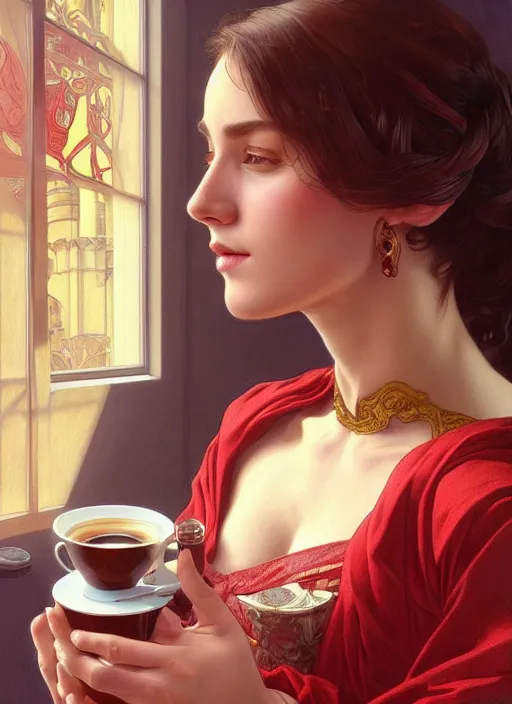 Image similar to perfectly - centered - portrait of a beautiful lady drinking red cup coffee, intricate, highly detailed, digital painting, artstation, concept art, smooth, sharp focus, illustration, unreal engine 5, 8 k, art by artgerm and greg rutkowski and alphonse mucha