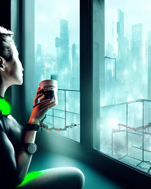 Image similar to a terminator cyborg lady with borg implants is drinking coffee near a window with dystopian city visible outside. tiny green led lights in her cybernetics. very detailed 8 k. horror cyberpunk style.