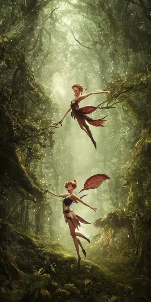 Image similar to evil tinker bell flying in an enchanted forest, flawless symmetrical pretty cute face, greg rutkowski, 8 k, shallow depth of field, intricate detail, concept art,