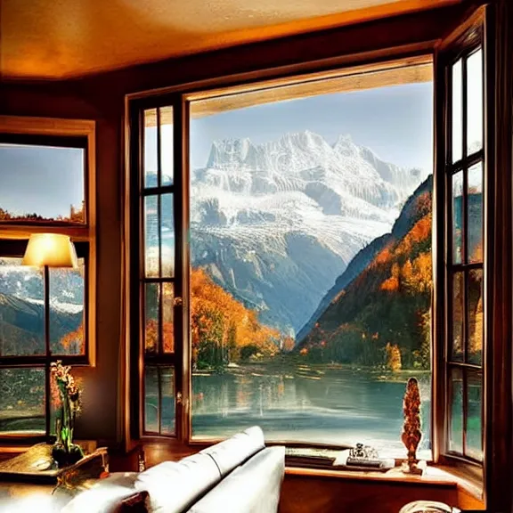 Image similar to fantastical living room with switzerland landscape in the window by marc adamus, beautiful dramatic lighting