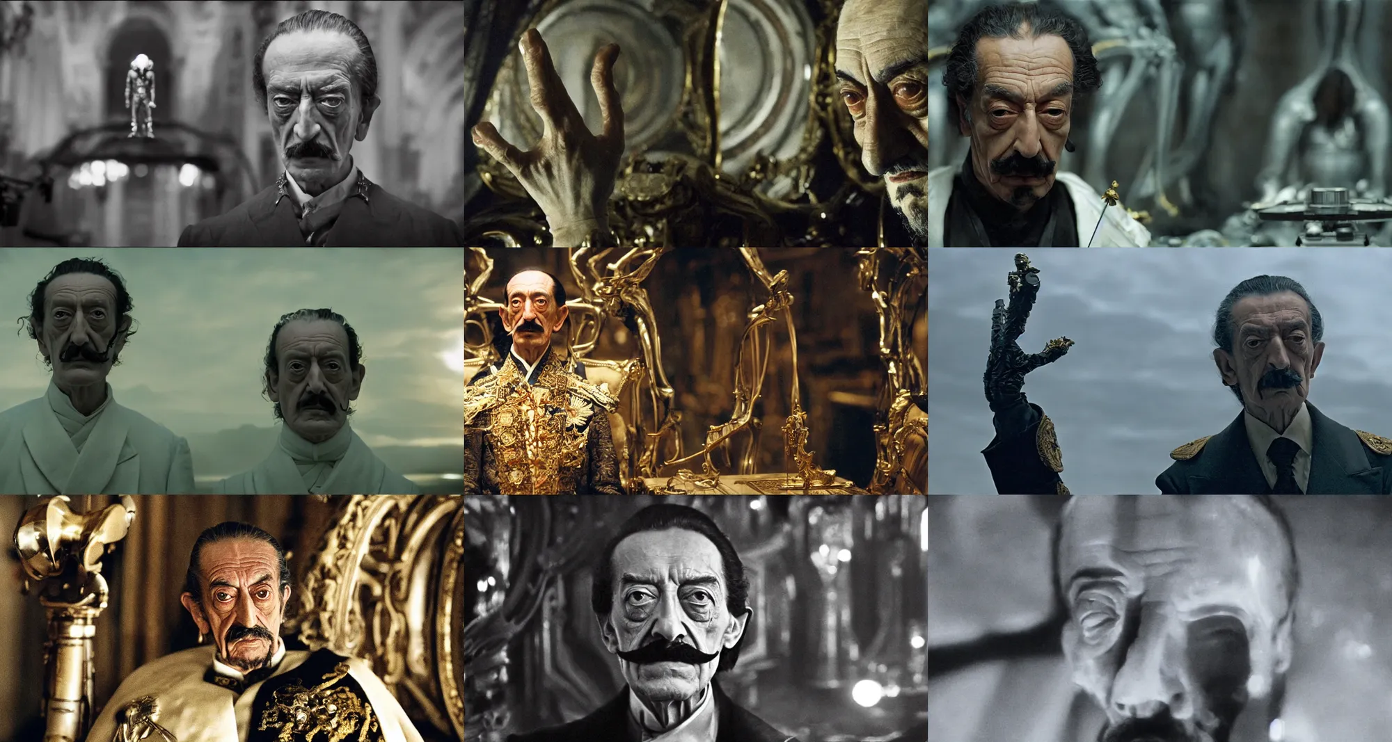 Prompt: the extreme long shot of arrogant salvador dali in the role of emperor | still frame from the prometheus movie by ridley scott with cinematogrophy of christopher doyle, arri alexa, anamorphic bokeh and lens flares, 8 k, higly detailed masterpiece