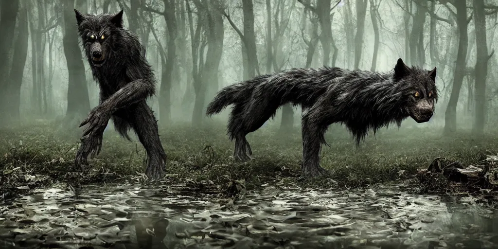 Prompt: a scary werewolf in a gloomy swamp, 50mm lens, special effects make up, RBFX, stan winston, cinematic, volumetric lighting