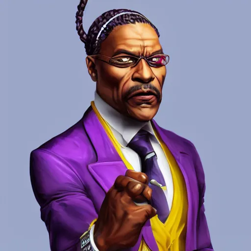 Image similar to a portrait of a muscular older black man with cornrows and a purple suit with a monocle on, D&D, sci-fi, elegant, hopeful, muscular, highly detailed, digital painting, artstation, concept art, smooth, sharp focus, illustration