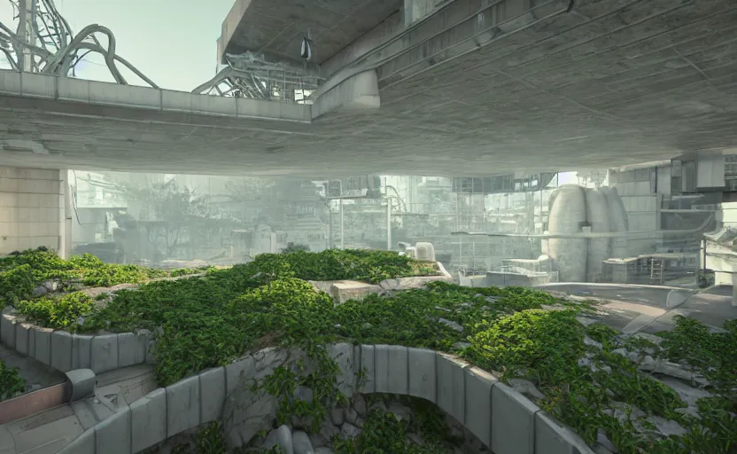 Prompt: in-game screenshot of hazmat scientists on unreal engine 5, in a liminal underground garden, photorealistic, retrofuturism, brutalism, staggered terraces, minimalist, soft vintage glow