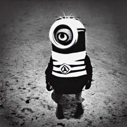 Image similar to old creepy black and white photograph of a minion