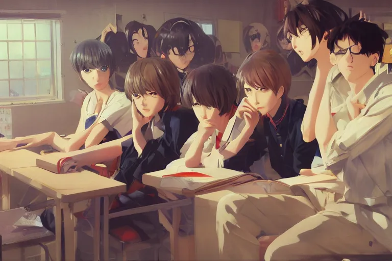 boy's love anime high school classroom scene spring, Stable Diffusion