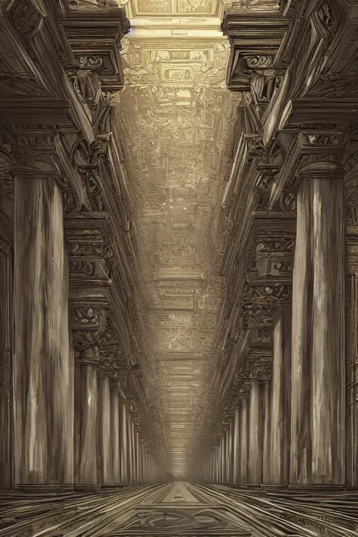 Image similar to gigantic palace Throne room, adorned pillars, towers, landscape, alex ross, neal Adams, david finch, concept art, matte painting, highly detailed, rule of thirds, dynamic lighting, cinematic, detailed, denoised, centerd