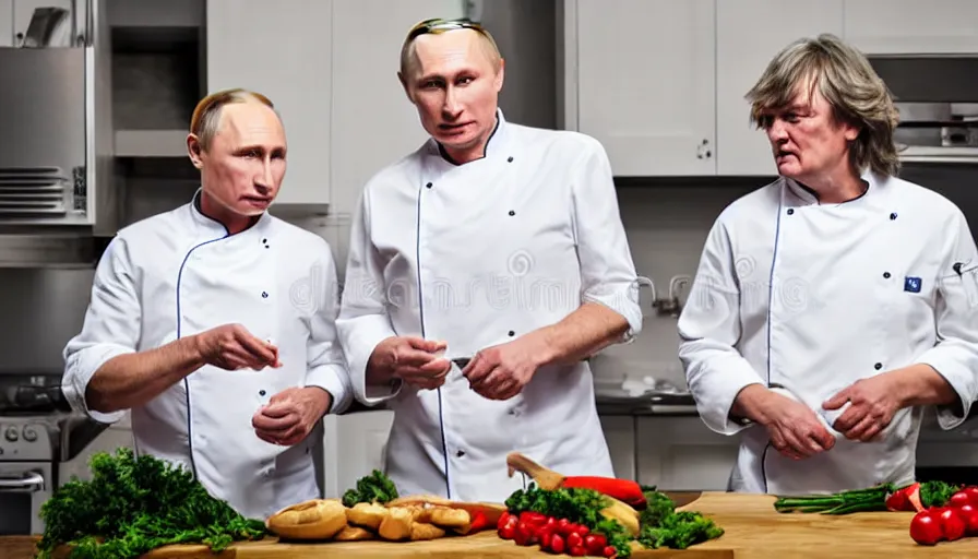 Image similar to vladimir putin and james may in white apron in kitchen cooking dinner. stock photo, high key lighting, photograph