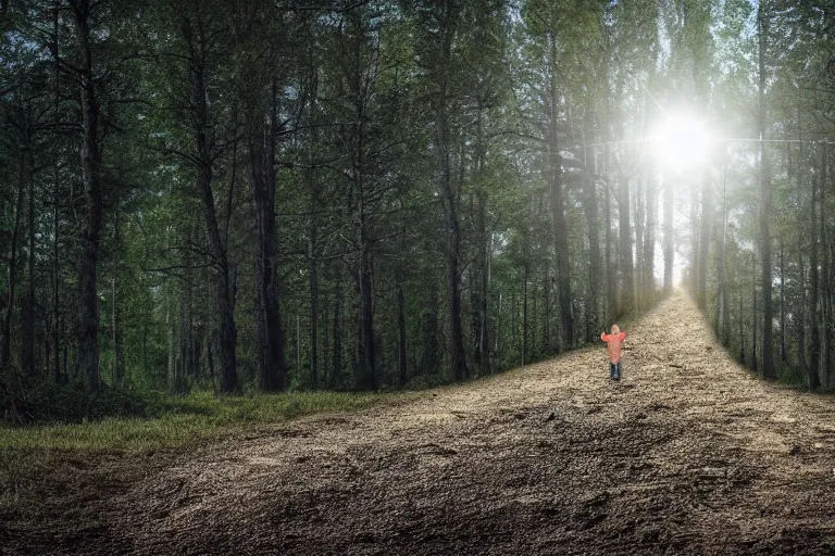 Image similar to a man standing on a dirt road in the woods, a stock photo by gregorius sickinger, pixabay contest winner, primitivism, rendered in maya, anamorphic lens flare, dark