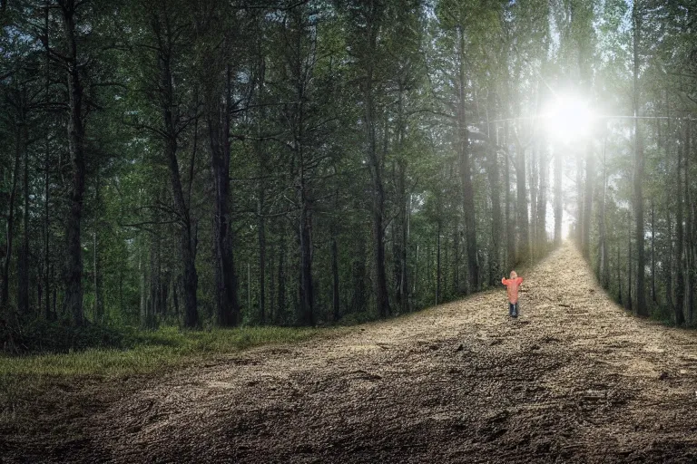 Prompt: a man standing on a dirt road in the woods, a stock photo by gregorius sickinger, pixabay contest winner, primitivism, rendered in maya, anamorphic lens flare, dark