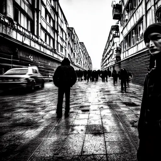 Prompt: Street photo gritty portrait in a crowded city on another planet, Neo Norilsk, Neo Kyiv, sci-fi, fantasy, intricate, very very beautiful, elegant, highly detailed, high contrast, shadows, smooth, photorealistic, cinematic, Unreal Engine 5, sharp focus, by Evgeny Zubkov, by Marat Zakirov, trending on Behance