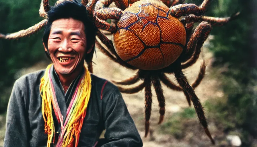 Image similar to 7 0 s movie still of a tibetan man with a giant spider in the mouth, cinestill 8 0 0 t 3 5 mm eastmancolor, heavy grain, high quality, high detail