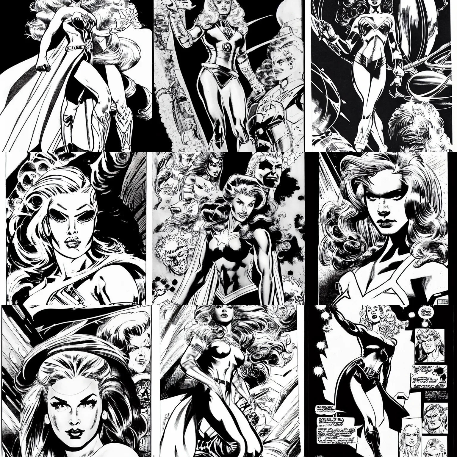 Prompt: portrait of a space princess, pale skin, big blonde hair, marvel comics, hero, pilot, highly detailed, smooth, black and white, comic inks, cross hatching, by frank frazetta and nick bradshaw, and arthur adams