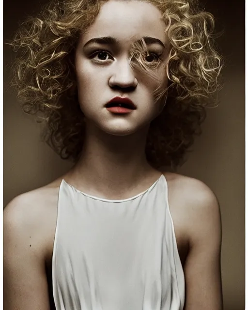 Image similar to photo of a model, face of julia garner, wearing a white dress, black hair, beauty, full body portrait, by greg kutkowski, by marat safin, sharp details, soft lighting, subsurface scattering, pearls of sweat, glistening skin, warm lighting